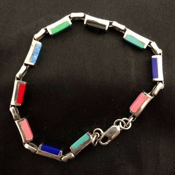 TAXCO Sterling Silver Multi-Gemstone Link Bracelet - Picture 9 of 13